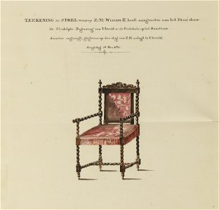 HUA-32557-Afbeelding van een stoel voor koning Willem II voor het diner aan hem aangeboden tijdens zijn bezoek aan Utrecht op 18 mei 1841