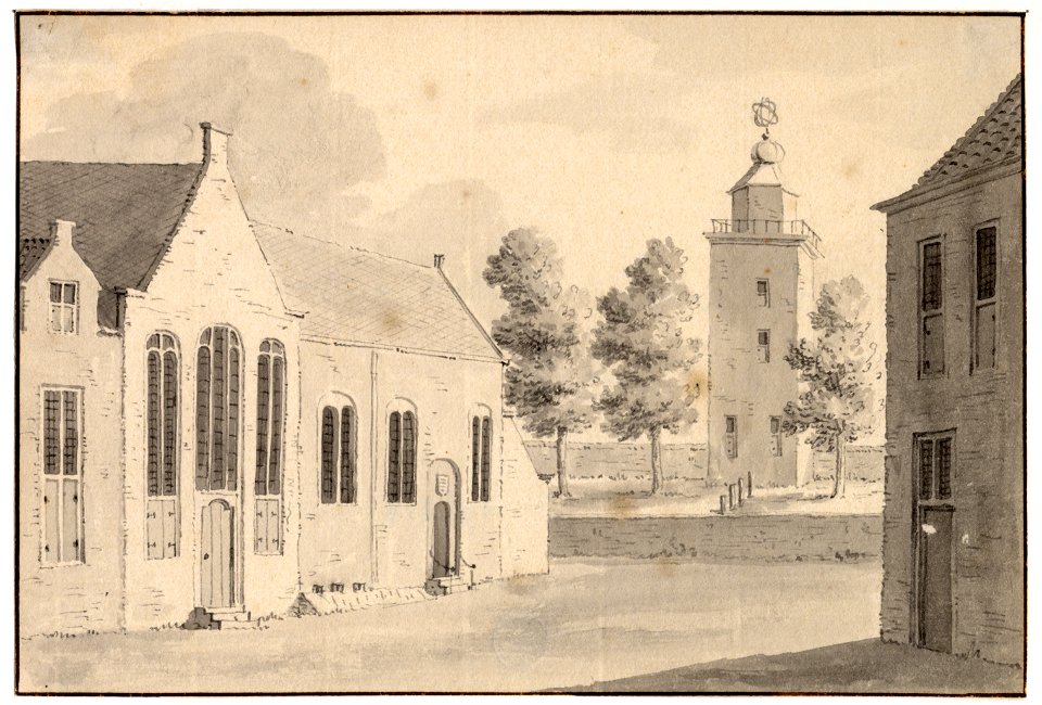 HUA-35090-Gezicht op de voorgevel van het Bartholomeïgasthuis aan de Lange Smeesteeg te Utrecht met op de achtergrond de wal met de SmeetorenNB de naam Lange Sm