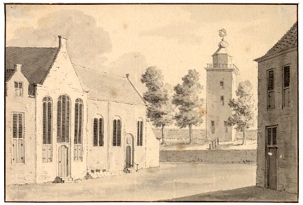 HUA-35090-Gezicht op de voorgevel van het Bartholomeïgasthuis aan de Lange Smeesteeg te Utrecht met op de achtergrond de wal met de SmeetorenNB de naam Lange Sm