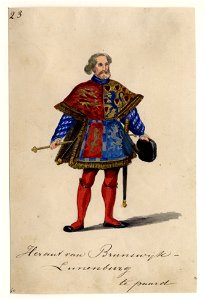 HUA-32718-Afbeelding van een kostuumontwerp van een heraut van Brunswijk Lunenburg figurant in de maskerade van de studenten van de Utrechtse hogeschool ter gel