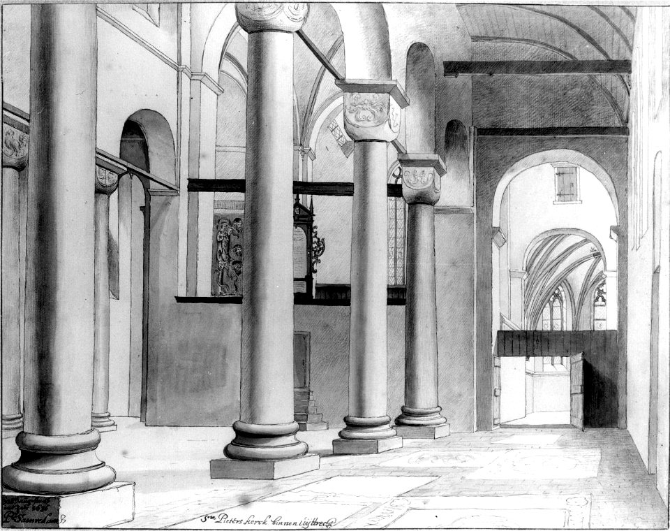 HUA-31111-Interieur van de Pieterskerk te Utrecht de zuiderzijbeuk en het schip uit het zuidwesten