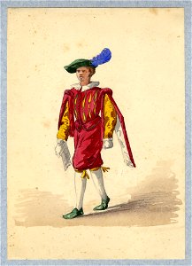 HUA-32801-Afbeelding van een kostuumontwerp van een niet nader genoemde historische figuur figurant in de maskerade van de studenten van de Utrechtse hogeschool