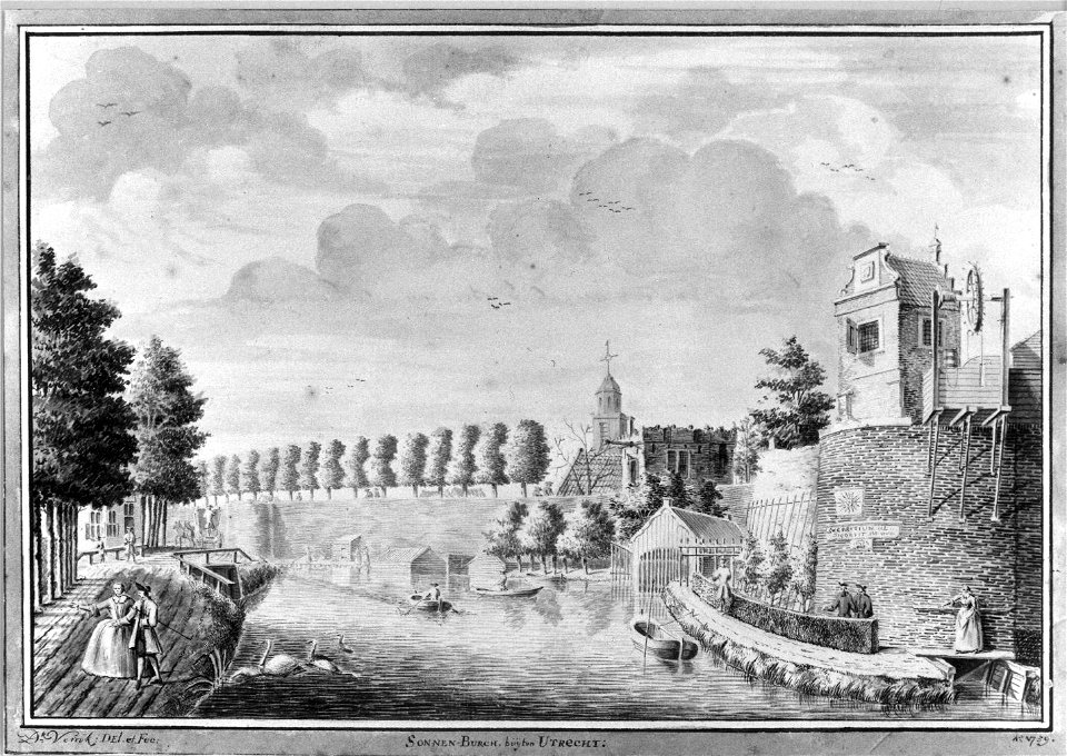 HUA-30855-Gezicht over de stadsbuitengracht op de stadswal te Utrecht uit het oosten met links de singel rechts het bastion Zonnenburg links daarvan de toren op