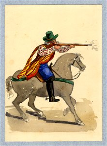 HUA-32809-Afbeelding van een kostuumontwerp van een niet nader genoemde historische figuur als schutter te paard figurant in de maskerade van de studenten van d