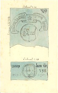 HUA-31174-Afbeelding van twee grafstenen in de Jacobikerk te Utrecht met de namen Willem Jacobsz van Renen nr 319 en Jacob Lam nr 338 