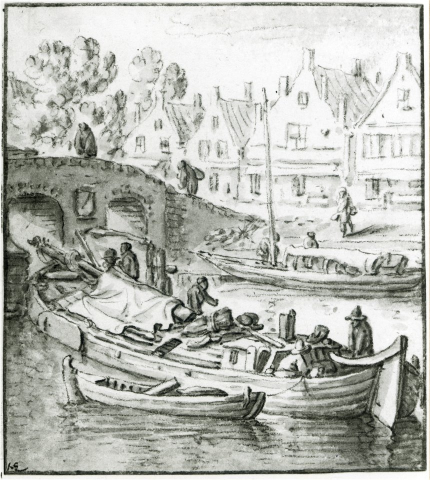 HUA-35484-Afbeelding van enkele schepen in de Vaartsche Rijn bij de uitmonding in de stadsbuitengracht te Utrecht bij de Tolsteegpoort met de Tolsteegbrug Op de