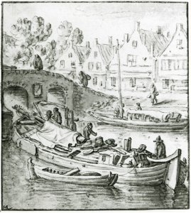 HUA-35484-Afbeelding van enkele schepen in de Vaartsche Rijn bij de uitmonding in de stadsbuitengracht te Utrecht bij de Tolsteegpoort met de Tolsteegbrug Op de