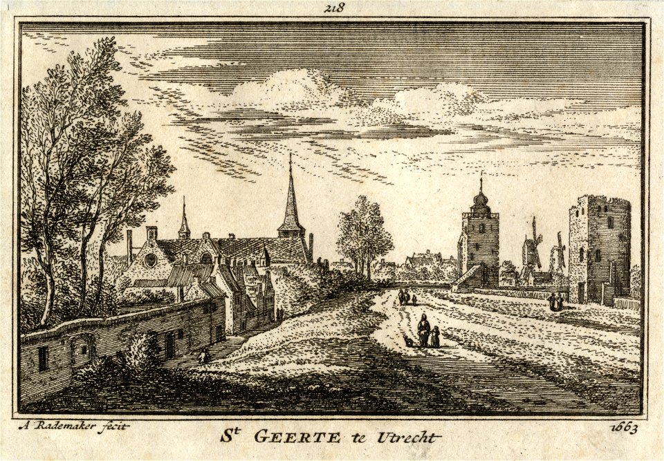 HUA-36326-Gezicht boven op de wal te Utrecht uit het noorden met links de tuinmuur van het Duitse Huis en het Bartholomeïgasthuis met daarachter de toren van de
