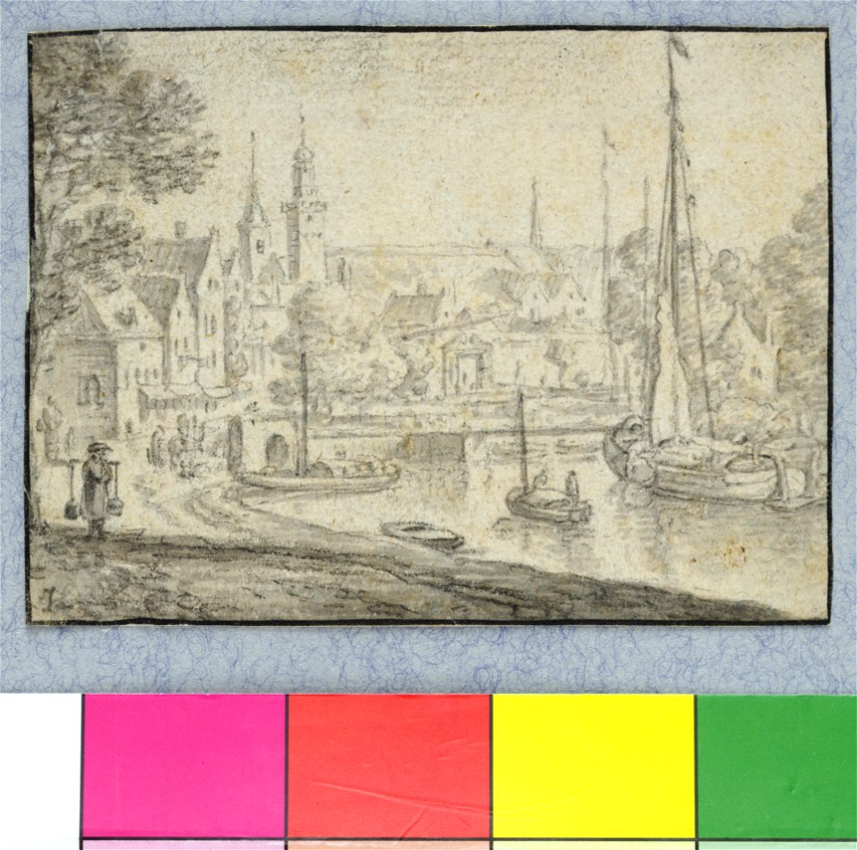 HUA-36021-Gezicht over de Vaartsche Rijn te Utrecht in de richting van de stad met op de achtergrond het buitenhek van de Tolsteegbrug op de achtergrond de Nico