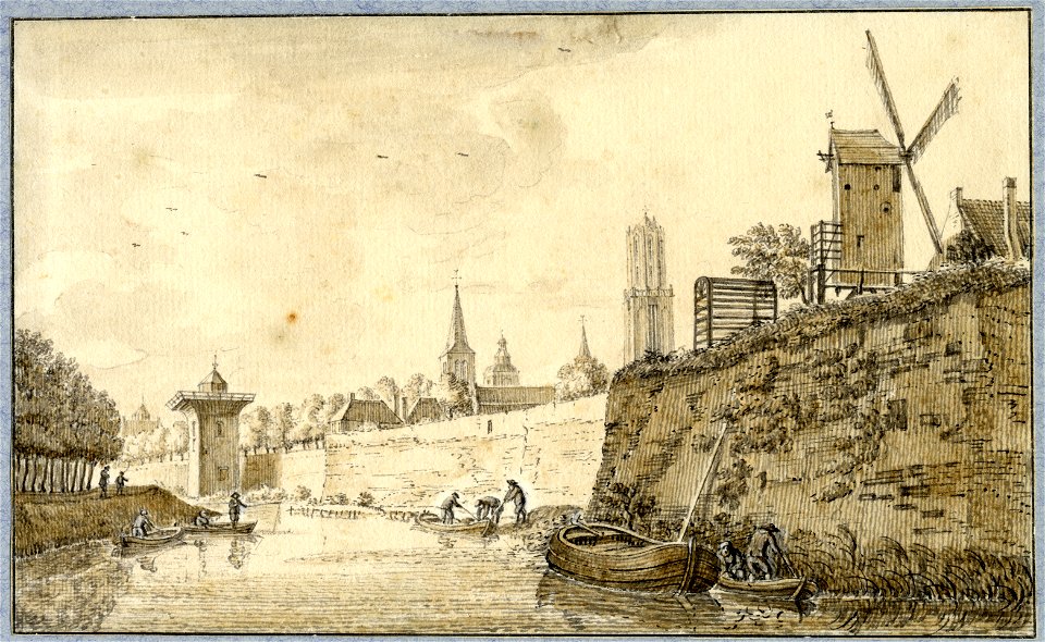 HUA-36343-Gezicht over de stadsbuitengracht op de stadswal te Utrecht uit het zuiden met links de singel op de achtergrond de Smeetoren de toren en het dak van 