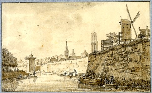 HUA-36343-Gezicht over de stadsbuitengracht op de stadswal te Utrecht uit het zuiden met links de singel op de achtergrond de Smeetoren de toren en het dak van 