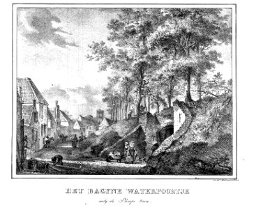 HUA-36735-Gezicht in de Achterstraat te Utrecht met de stadswal met het Begijnewaterpoortje uit het oosten op de achtergrond de Jacobitoren