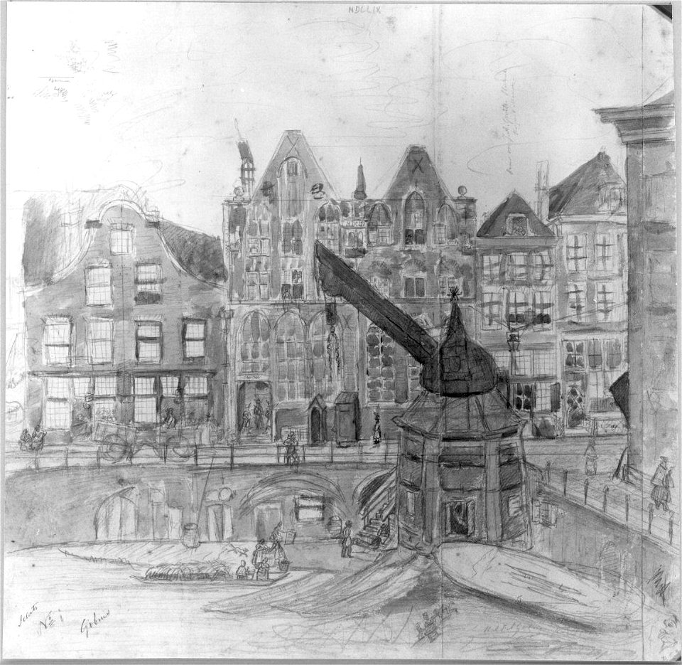 HUA-31563-Gezicht op de Oudegracht te Utrecht bij de Stadhuisbrug met de voorgevels van de huizen aan de noordzijde van de gracht en de Ganzenmarkt met links he