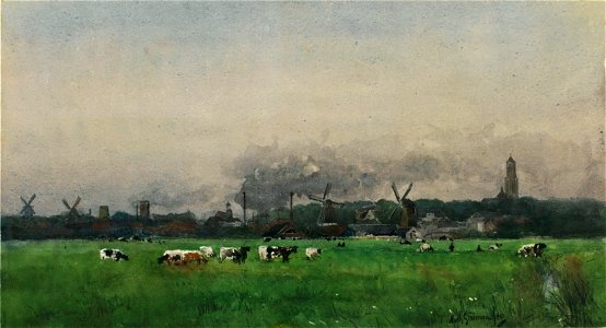 HUA-32279-Gezicht op de stad Utrecht uit het zuidwesten met van links naar rechts de molens Meiboom en Rijn en Zon op het Paardenveld de romp van de molen De Ka