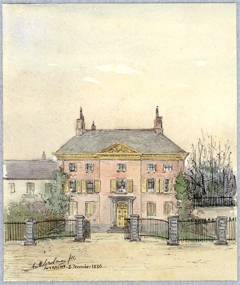 HUA-30705-Gezicht op de voorgevel van het enigszins terugliggende voormalige claustrale huis Janskerkhof 17 te UtrechtNB Het huis is in 1887 gesloopt en op de v