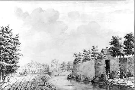 HUA-30844-Gezicht vanaf de singel over de stadsbuitengracht op de stadswal te Utrecht uit het zuiden met rechts het bastion Manenburg en links op de achtergrond