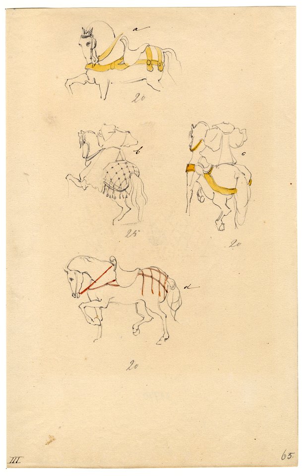 HUA-32770-Afbeelding van een ontwerp van paardentuig van vier paarden in de maskerade van de studenten van de Utrechtse hogeschool ter gelegenheid van het 47ste