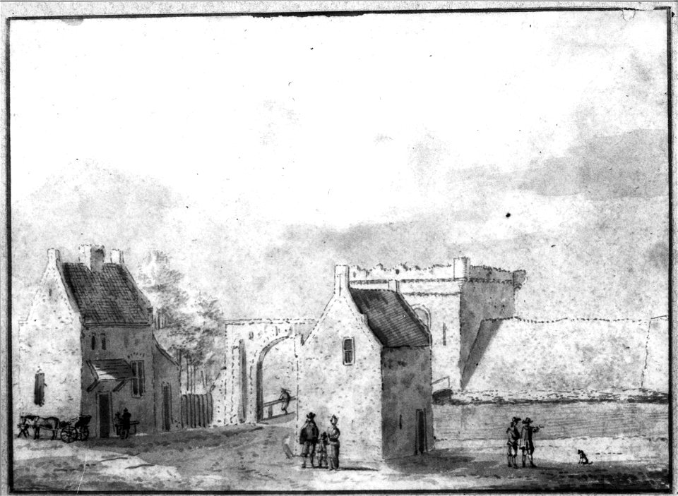 HUA-36462-Gezicht op de Catharijnepoort te Utrecht uit het westen met links de beide wachthuisjes en de voorpoort en in het midden achter de stadsbuitengracht e