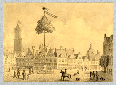 HUA-32452-Gezicht op de Neude te Utrecht met de vrijheidsboom bij de viering van de overwinning van de Franse troepen
