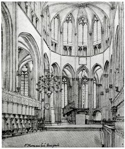HUA-31061-Interieur van de Domkerk te Utrecht het koor gezien uit het westen met de kanunnikenbanken de trap van het sacramentshuisje en de katheder voor de pub