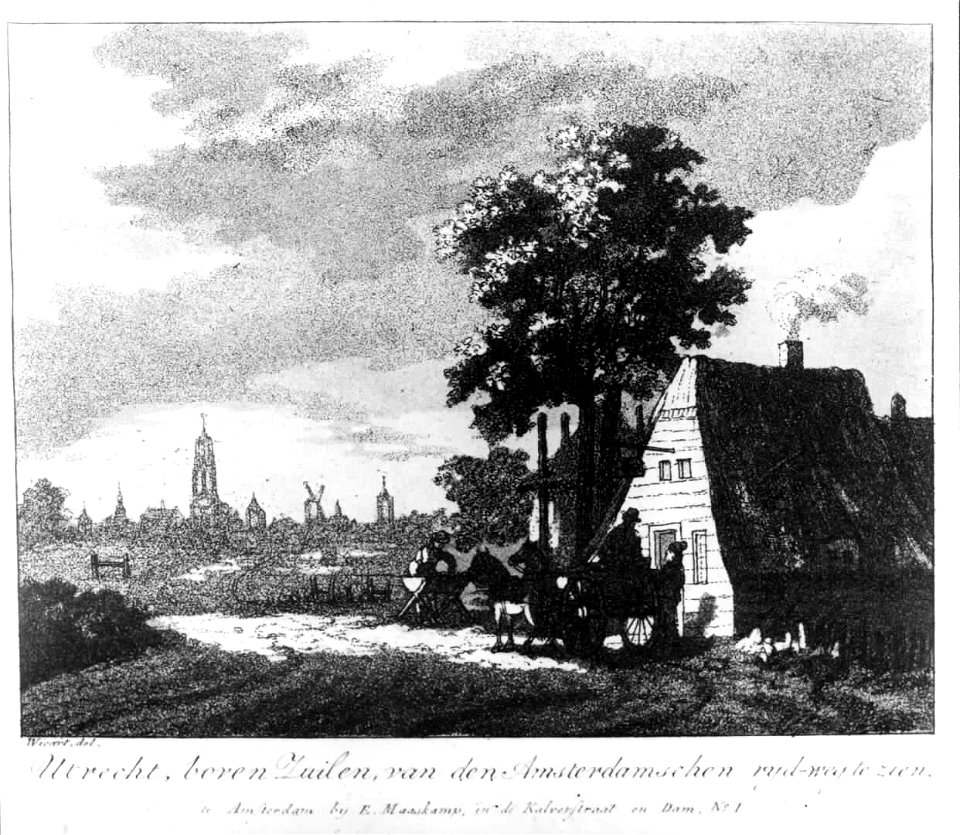 HUA-35154-Gezicht op een herberg aan de Amsterdamsestraatweg te Utrecht met het silhouet van de stad op de achtergrond
