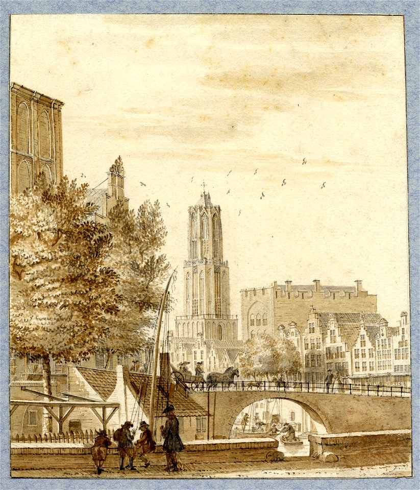 HUA-35743-Gezicht op de Oudegracht te Utrecht tussen de Jansbrug en de Stadhuisbrug vanaf de westzijde van de gracht uit het noordwesten met de Bakkerbrug en li