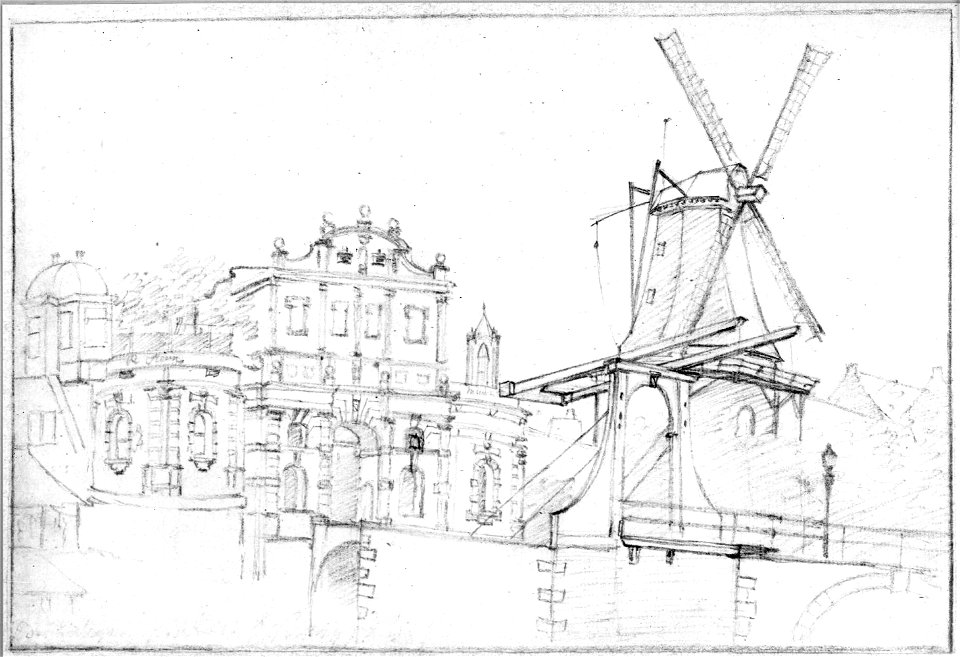 HUA-36475-Gezicht over de stadsbuitengracht op de stadswal te Utrecht uit het westen met de Catharijnepoort en brug met daarachter de molen De Fortuin op het no