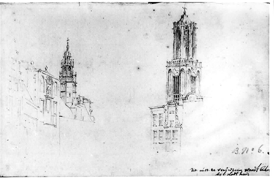HUA-35776-Schets van een gedeelte van het stadhuis en van de Domtoren achter de voorgevels van enkele huizen aan de westzijde van de Oudegracht te Utrecht