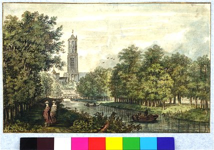 HUA-35499-Gezicht op de Mariagracht te Utrecht uit het westen met op de achtergrond een gedeelte van de Mariakerk en de Domtoren