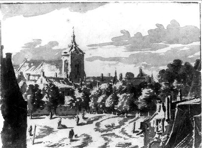 HUA-36068-Gezicht op de zuidoosthoek van het Vredenburg te Utrecht met op de achtergrond de Buurkerk