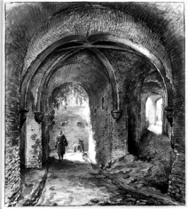 HUA-36547-Gezicht in het bastion Sterrenburg te Utrecht met de gang naar de binnenplaats en rechts de gang naar de bovenste geschutskelders in de loods