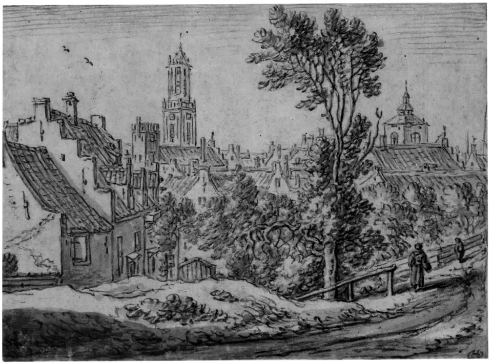 HUA-35184-Gezicht in de Bergstraat te Utrecht vanaf de wal met op de achtergrond de torens van de Dom en de Buurkerk