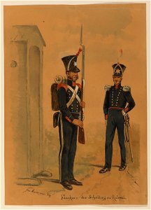 HUA-32499-Afbeelding van het uniform van een flankeur en een kolonel van de Utrechtse Schutterij gedragen tijdens de Belgische opstand