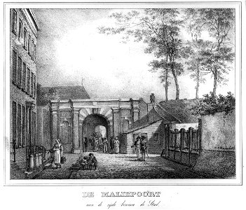 HUA-36564-Gezicht vanuit de Brigittenstraat te Utrecht op de stadswal met de Maliepoort uit het zuidwesten