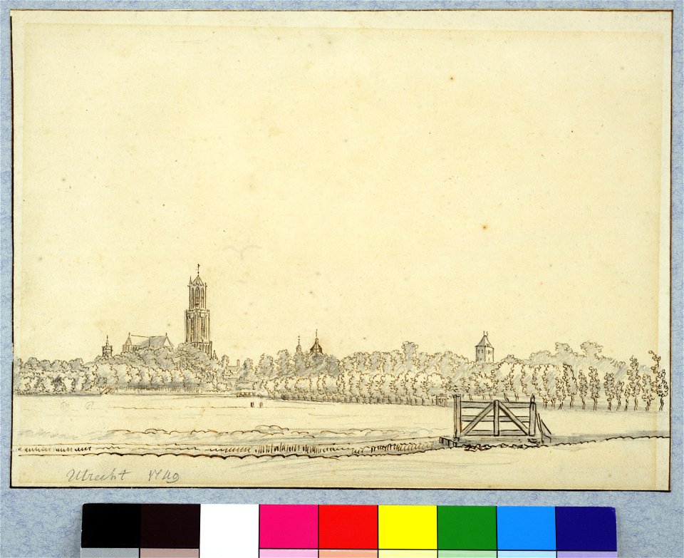 HUA-36226-Profiel van de stad Utrecht uit het noordoosten gezien met de Wittevrouwenpoort de Domkerk en toren de klokkentoren van de Janskerk de toren van de Bu