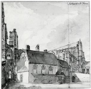 HUA-35263-Gezicht op het Munsterkerkhof te Utrecht uit het zuiden met links de onderdoorgang onder de verbinding tussen de Domtoren en de Domkerk in het midden 