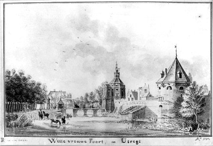 HUA-36616-Gezicht over de stadsbuitengracht te Utrecht op de stadswal met de Wittevrouwenpoort en brug uit het noorden met links het wed vanuit de Wittevrouwens