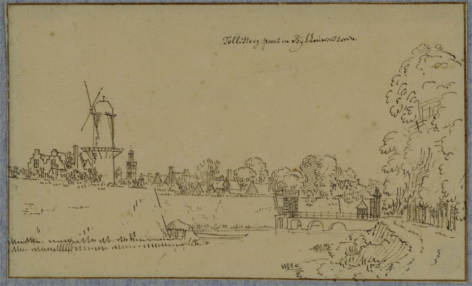 HUA-36369-Gezicht over de stadsbuitengracht te Utrecht op de stadswal met links het bastion Sterrenburg en de molen op de Bijlhouwerstoren en rechts de Tolsteeg