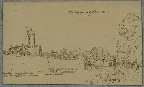 HUA-36369-Gezicht over de stadsbuitengracht te Utrecht op de stadswal met links het bastion Sterrenburg en de molen op de Bijlhouwerstoren en rechts de Tolsteeg