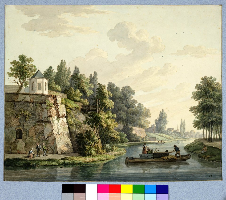 HUA-31005-Gezicht over de stadsbuitengracht op de stadswal te Utrecht uit het zuidoosten met links het bastion Zonnenburg rechts de Maliesingel en op de achterg