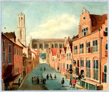 HUA-35450-Gezicht in de Korte Nieuwstraat te Utrecht uit het zuiden met op de achtergrond de Domtoren en het schip van de Domkerk