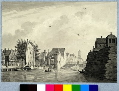 HUA-36783-Gezicht over de stadsbuitengracht te Utrecht op de Weerdpoort met de Zandbrug en op de achtergrond de huizen aan de oostzijde van de Oudegracht uit he