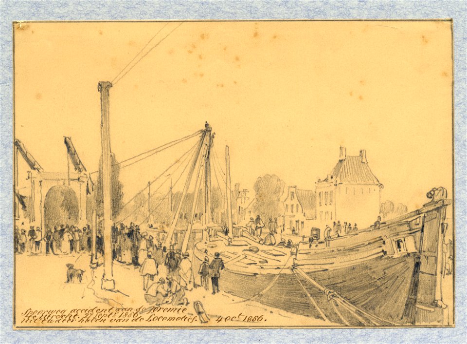 HUA-32686-Afbeelding van de bergingswerkaamheden van een op 27 september 1856 te water geraakte locomotief bij de Jeremiebrug te Utrecht