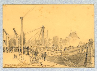HUA-32686-Afbeelding van de bergingswerkaamheden van een op 27 september 1856 te water geraakte locomotief bij de Jeremiebrug te Utrecht
