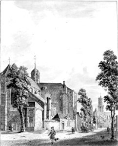 HUA-31104-Gezicht op de Pieterskerk aan het Pieterskerkhof te Utrecht met op de achtergrond de Domkerk en toren uit het noordoosten