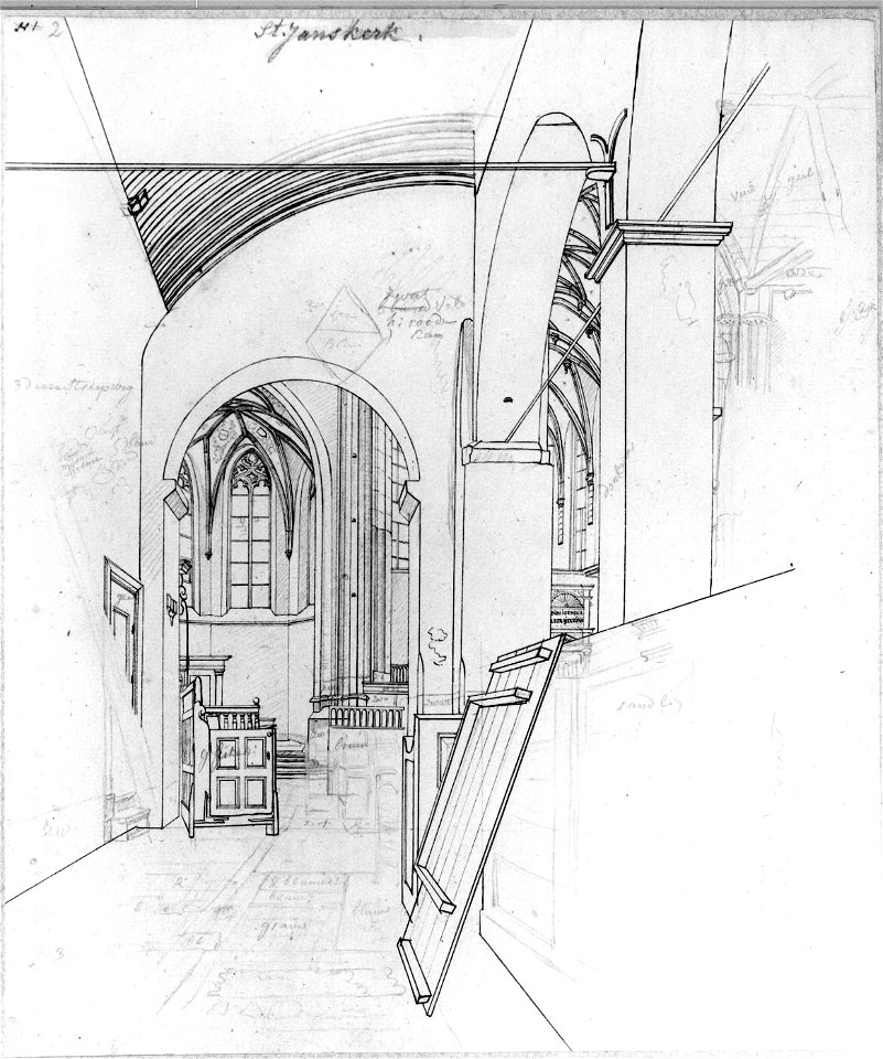 HUA-31125-Interieur van de Janskerk te Utrecht de noordelijke zijbeuk en het noorderzijkoor uit het westen met rechts een doorkijk in het schip en het koor