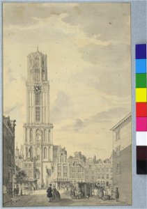 HUA-37096-Gezicht op de Domtoren te Utrecht vanuit de Zadelstraat op het kruispunt met de Choorstraat en de Lijnmarkt over de Maartensbrug met aan weerszijden v