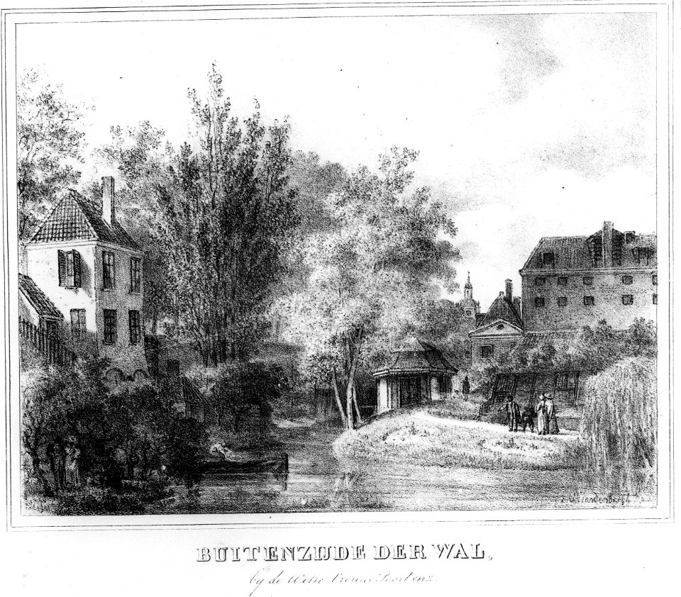 HUA-36449-Gezicht over de stadsbuitengracht op de stadswal te Utrecht uit het zuiden met links de tot huis verbouwde waltoren De Kikvors en rechts het Lucasbolw