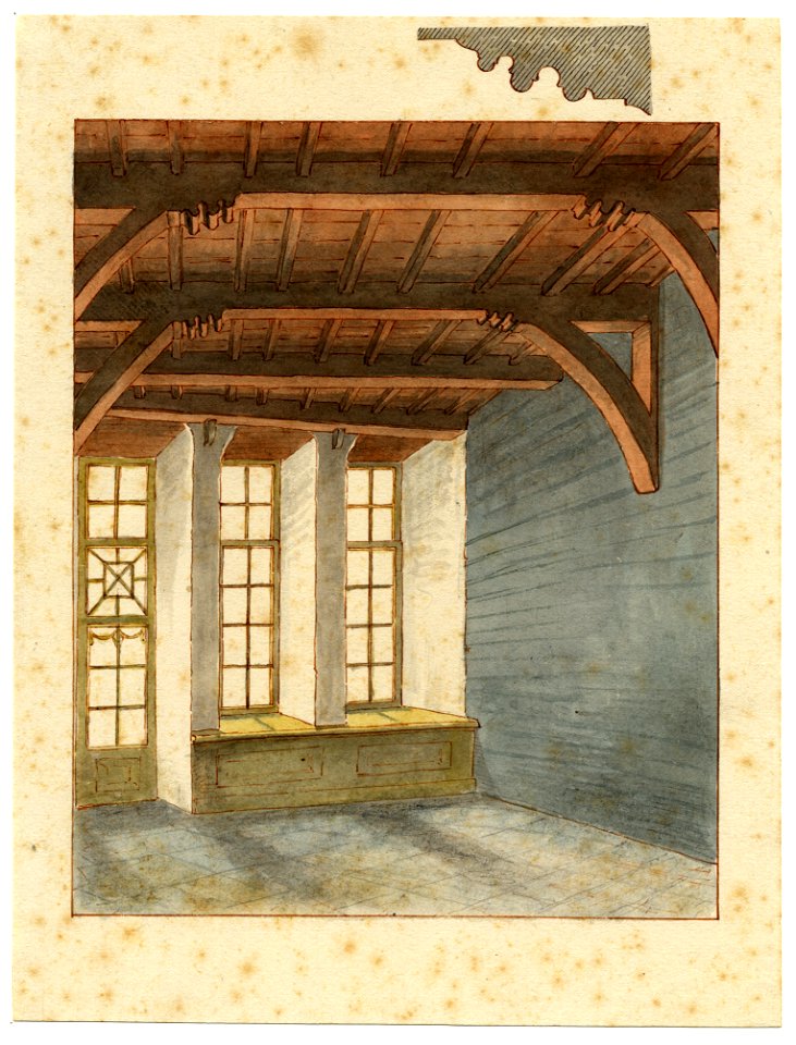 HUA-35735-Interieur van het huis Proeysenburg aan de Oudegracht te Utrecht het voorhuis vóór de afbraak Met een console in doorsnede getekend in de bovenmargeNB