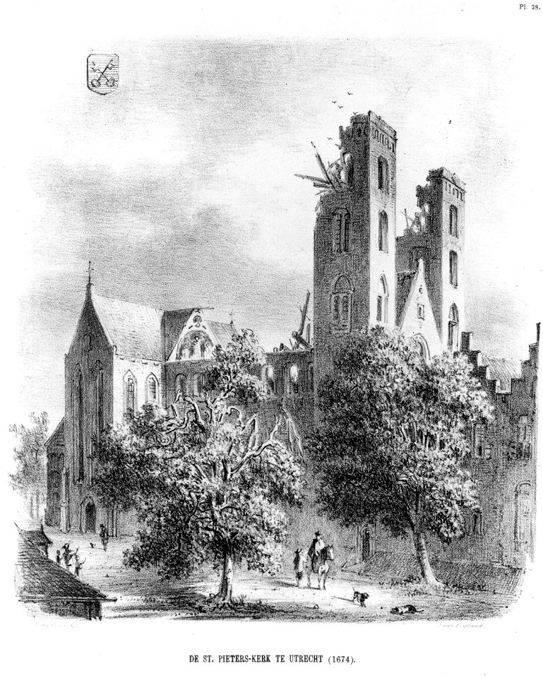 HUA-37144-Gezicht op de Pieterskerk aan het Pieterskerkhof te Utrecht uit het noordwesten De kerk is zwaar beschadigd door de tornado van 1674